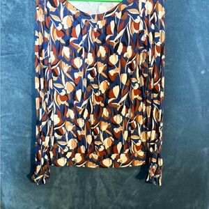 LOFT Navy Floral Scoop-Neck Long Sleeve Blouse with Tan Accents